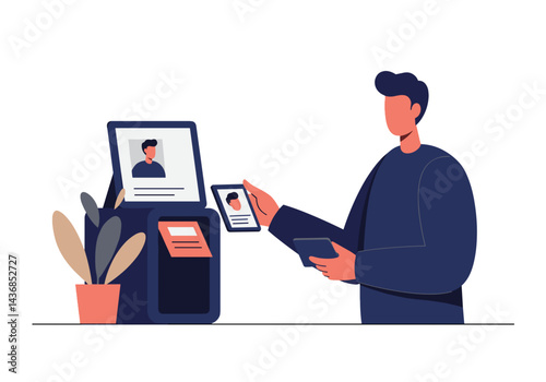Man Scanning ID at Banking Terminal. Digital verification process, financial technology interaction, secure authentication, modern banking service, customer identity check