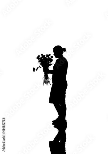 Woman Arranging Flowers in Silhouette on Transparent Background. Floral design process, botanical hobby, creative gardening activity, isolated vector illustration, therapeutic pastime concept
