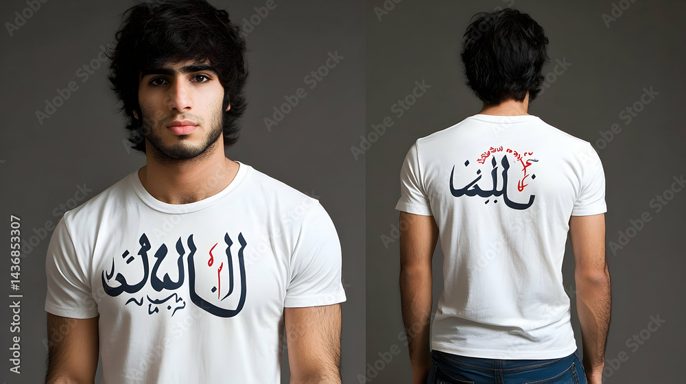 Fototapeta premium Man wearing a white t-shirt with arabic script design.