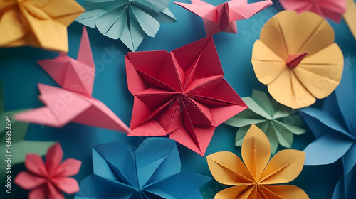Colorful origami flowers and birds design