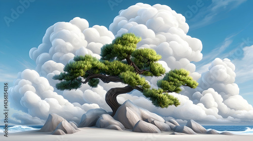 Serene Beach Scene with Bonsai Tree and Fluffy Clouds