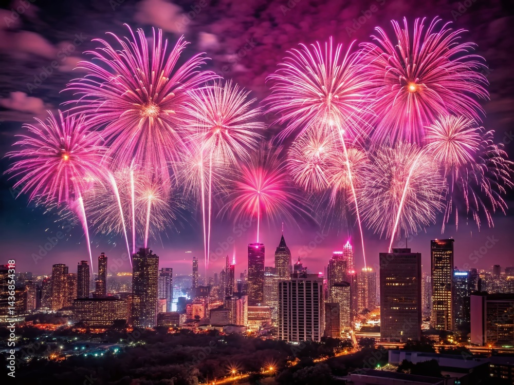 Aerial View Pink Fireworks Exploding Over Festive City Skyline at Night Aerial View Pink Fireworks Exploding Over Festive City Skyline at Night