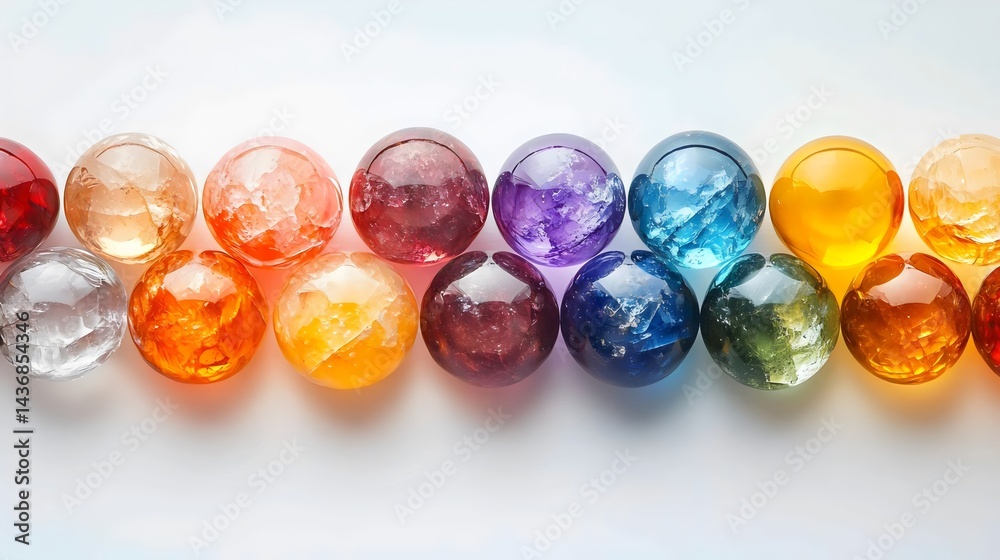 A colorful array of glass spheres, creating a rainbow of hues, perfect for artistic designs. A colorful array of glass spheres, creating a rainbow of hues, perfect for artistic designs.