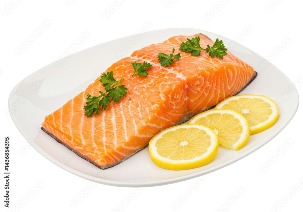 Fresh salmon fillet with lemon slices on a white plate isolated Fresh salmon fillet with lemon slices on a white plate isolated