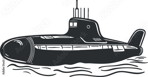 Black and white illustration of a submarine moving underwater with visible waves and periscope details