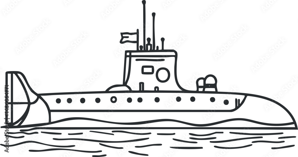 Black and white outline drawing of a submarine floating on water with antennas and a flag Black and white outline drawing of a submarine floating on water with antennas and a flag