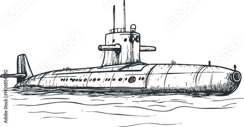 Black and white sketch of a military submarine floating on the ocean surface with detailed hull and periscope.