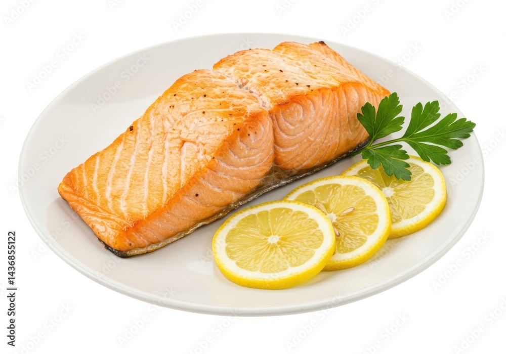 Delicious grilled salmon recipe with lemon slices on a white plate Delicious grilled salmon recipe with lemon slices on a white plate