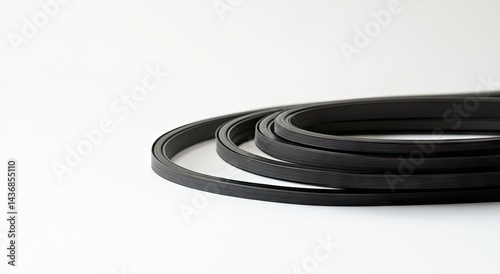 Close-up of black rubber strips.  Several thin, black rubber strips are laid out on a white background. The strips appear flexible and smooth photo