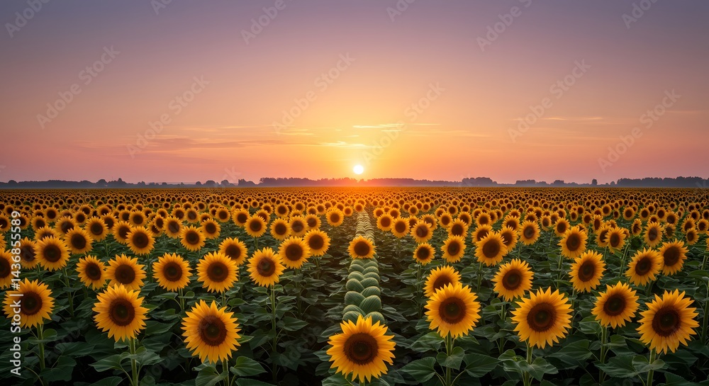 Obraz premium A field of sunflowers (one per EU nation), stems braided together under a rising sun