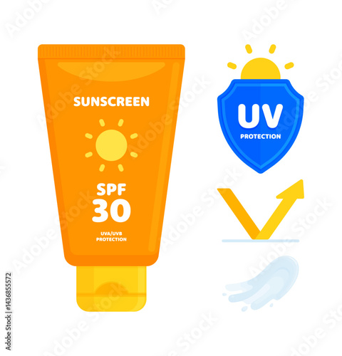 Sunscreen SPF 30 tube with UV shield and other sun protection symbols. UVA/UVB sunblock, summer, skincare concept. Flat vector illustration isolated on white background	