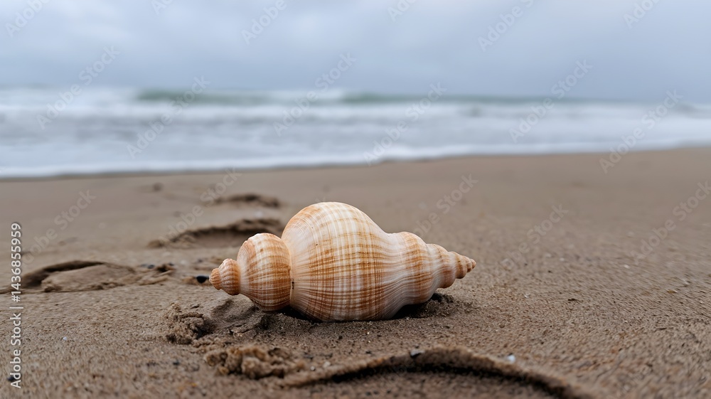 A detailed shot of a beautiful seashell resting on a sandy beach, the ocean waves visible in the background A detailed shot of a beautiful seashell resting on a sandy beach, the ocean waves visible in the background