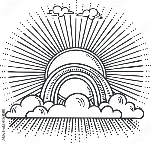 Black and white line art illustration of a sun with rays behind a rainbow and clouds on a white background