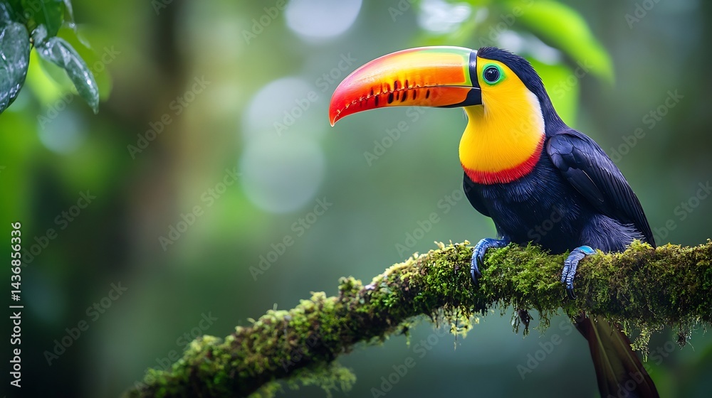 Obraz premium Vibrantly colored toucan perched on a mossy rainforest branch its massive beak glowing under soft jungle light ultra HD wildlife portrait