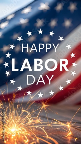 Waving American flag in the sunlight with Happy Labor Day text, surrounded by sparkling bokeh, symbolizing the spirit of dedication and unity