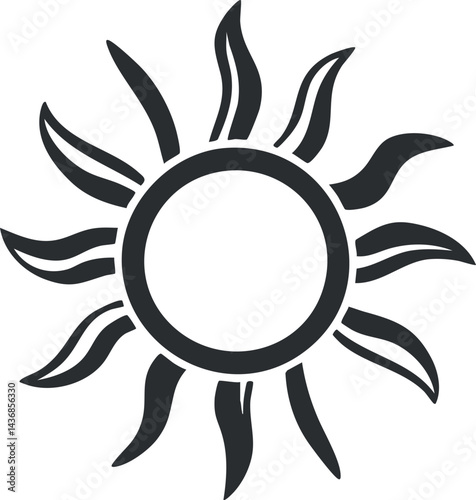 Black sun symbol with stylized rays radiating from a central circle representing warmth and energy