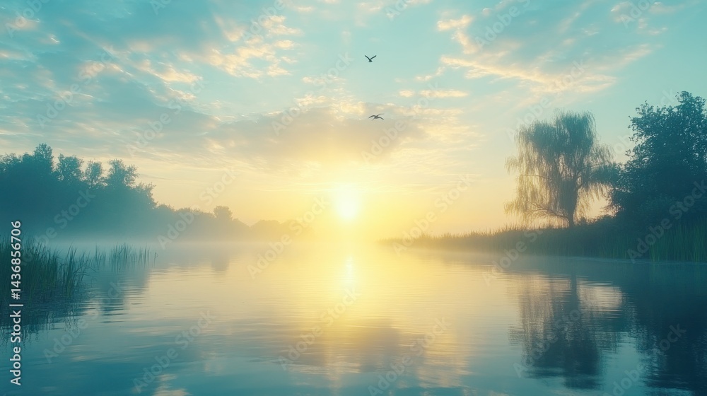 Fototapeta premium Misty sunrise river, birds flying, tranquil scene, nature poster