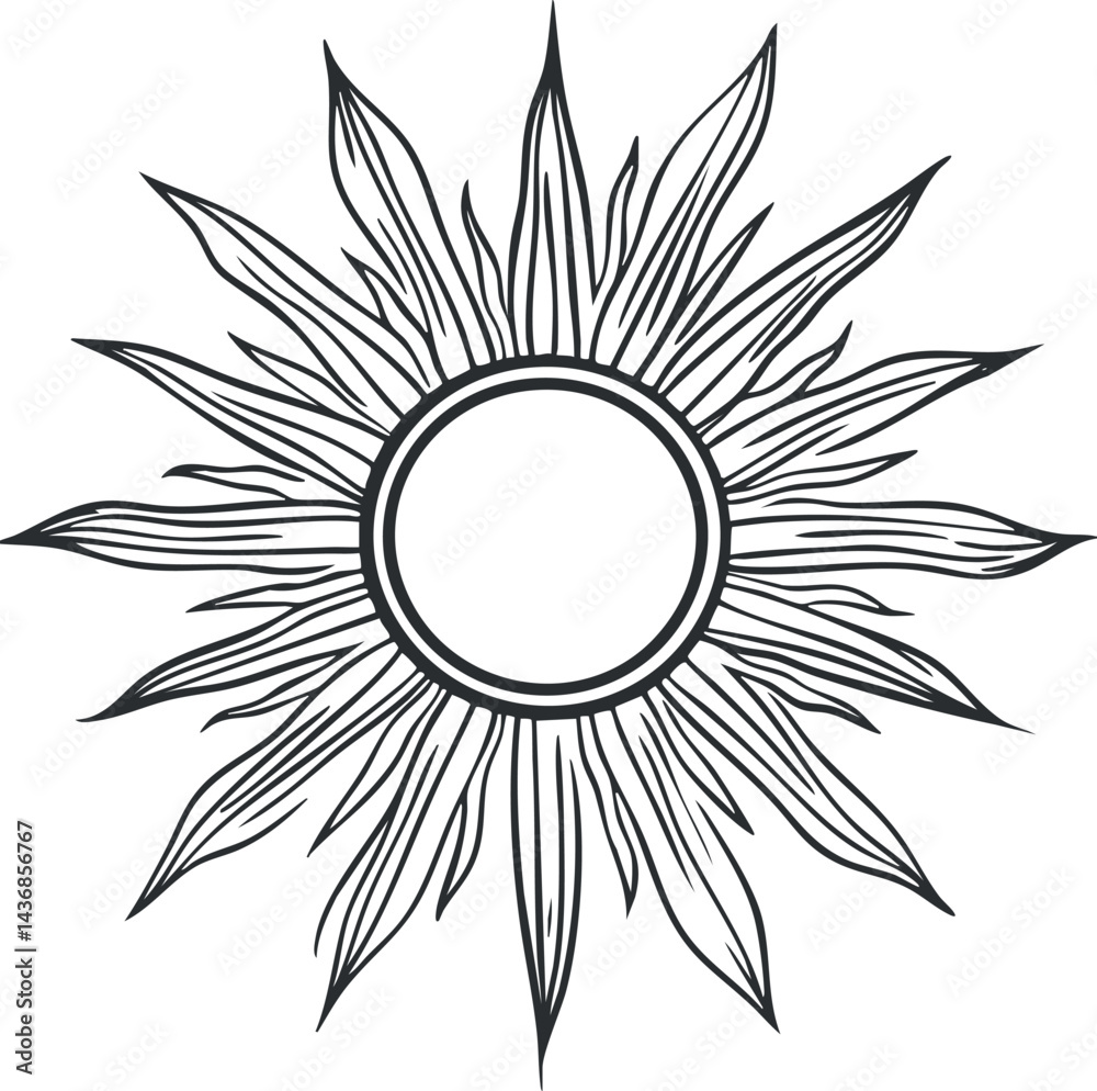 Black and white sunburst illustration with pointed rays radiating from a circular center, decorative design element Black and white sunburst illustration with pointed rays radiating from a circular center, decorative design element