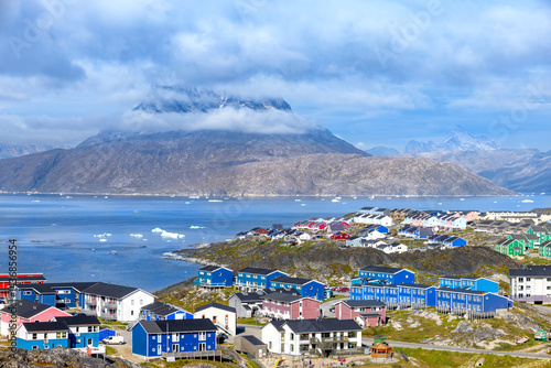 Obraz na płótnie Panoramic view of Greenland capital Nuuk with colored houses located near fjords and icebergs. w salonie