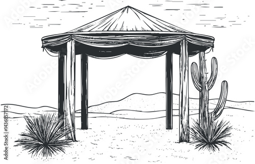 Rustic wooden gazebo structure with canopy standing in arid desert landscape with cactus and shrubs