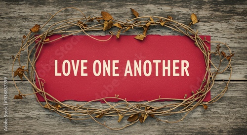 Love One Another Message on Red Card with Vine Border