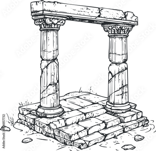 Detailed black and white illustration of ancient stone ruins with two classical columns and arch