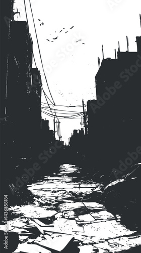 Black and white silhouette of an urban street with buildings, wires, and birds in the sky