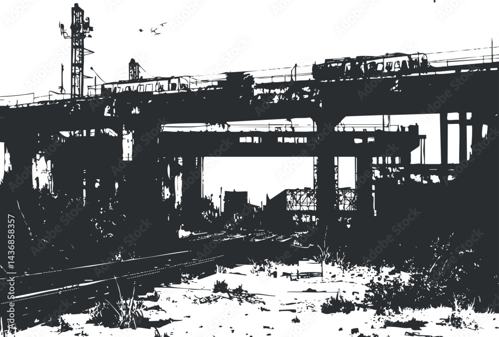 Obraz premium Black and white silhouette of an urban railway bridge with a train passing over elevated tracks and surrounding industrial structures.
