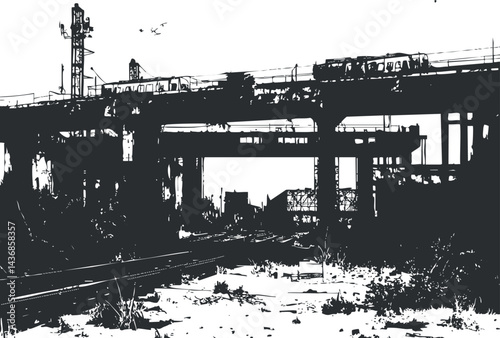 Black and white silhouette of an urban railway bridge with a train passing over elevated tracks and surrounding industrial structures.