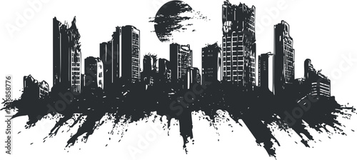 Black and white grunge silhouette of a modern urban city skyline with tall skyscrapers and a sun in the background