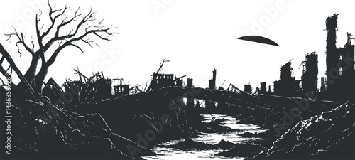 Black and white silhouette of a postapocalyptic ruined cityscape with a broken bridge and dead tree