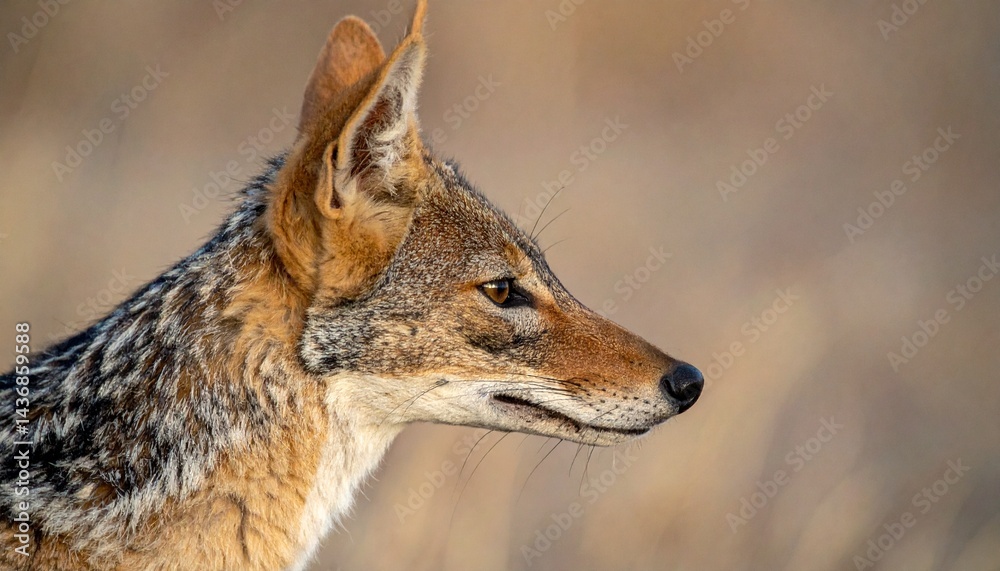 Fototapeta premium 夕暮れ時、サバンナでジャッカルの横顔を捉えた一瞬。静かな野性と鋭い目つきが表現された美しい構図。