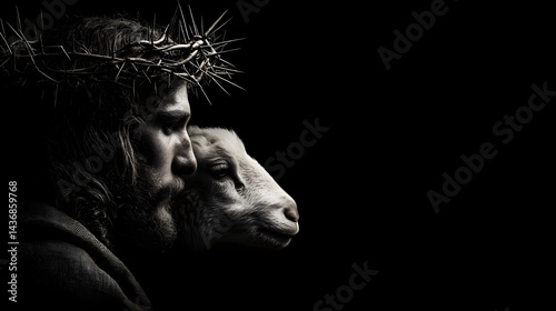 The Good Shepherd:  A powerful black and white portrait of a bearded man with a crown of thorns, holding a young lamb close to his face, representing the Christian faith and the sacrifice of Jesus.