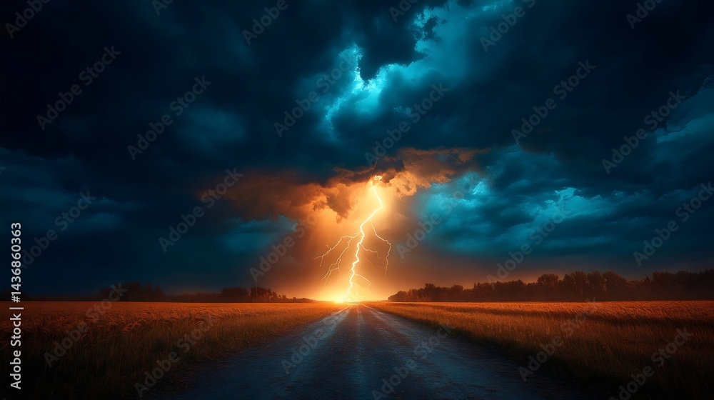 Obraz premium A stunning lightning bolt illuminates the sky above a serene field and a path at dusk.