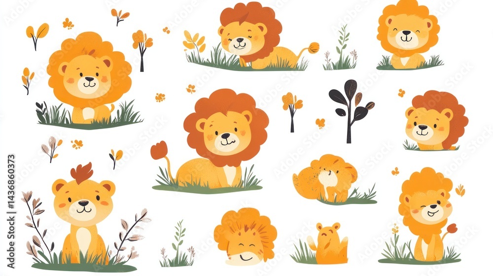 Fototapeta premium Cute lion cubs in grass with leaves around, playful for kids books