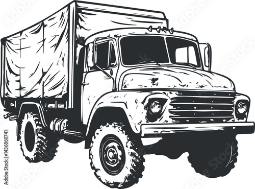 Illustration of a vintage cargo truck with covered bed for transporting goods and materials