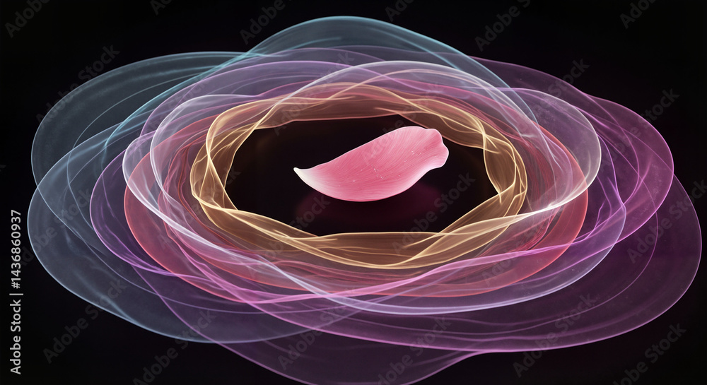 Abstract pink petal against vibrant glowing waves on dark background