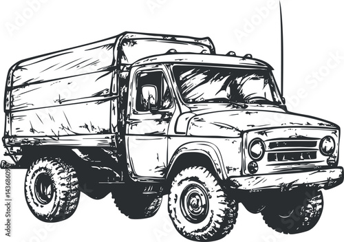 Black and white sketch of a heavy duty offroad cargo truck with covered truck bed for transportation and delivery