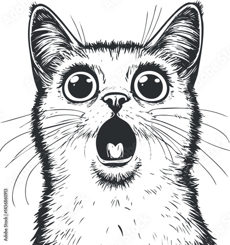 Black and white illustration of a surprised cat with wide eyes and open mouth looking forward.