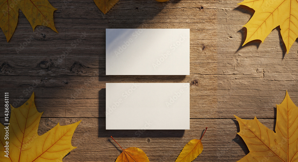 Blank business cards on wooden background surrounded by autumn leaves