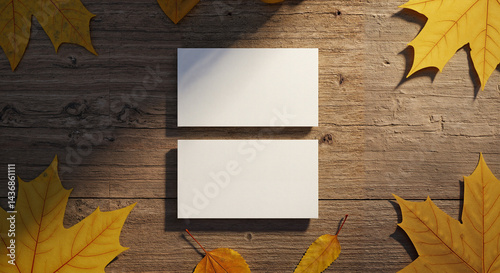 Obraz na płótnie Blank business cards on wooden background surrounded by autumn leaves w salonie