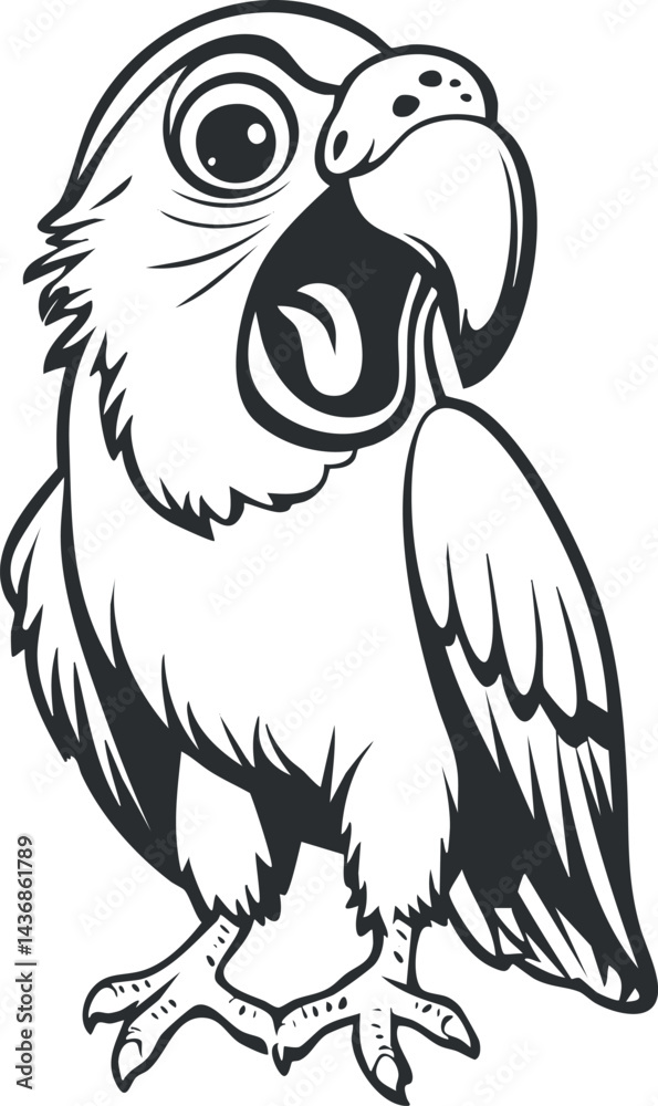 Obraz premium Cartoon illustration of a cute parrot bird with open beak and detailed feathers in black and white