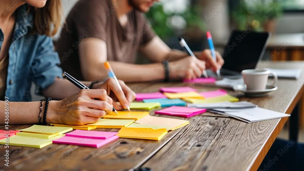 Team brainstorming ideas using sticky notes at a rustic wooden table
