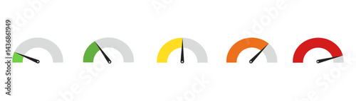 Colorful speedometer icons set. Tachometer, five colored gauges showing varying levels from low to high in a minimalistic  Vector design