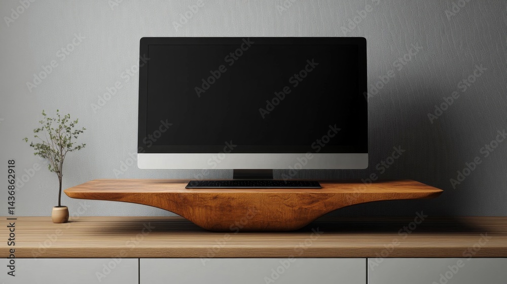 Modern Computer Monitor on Wooden Stand Modern Computer Monitor on Wooden Stand