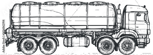 Detailed black and white sketch of a tanker truck used for transporting liquids like fuel or oil on roads.