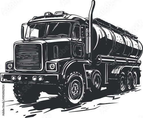 Black and white illustration of a heavy tanker truck used for transporting liquid cargo and fuel.