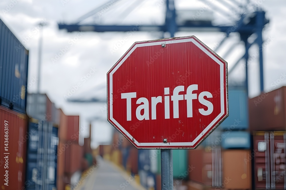Obraz premium Tariffs Sign at Port: A striking stop sign displaying the word 