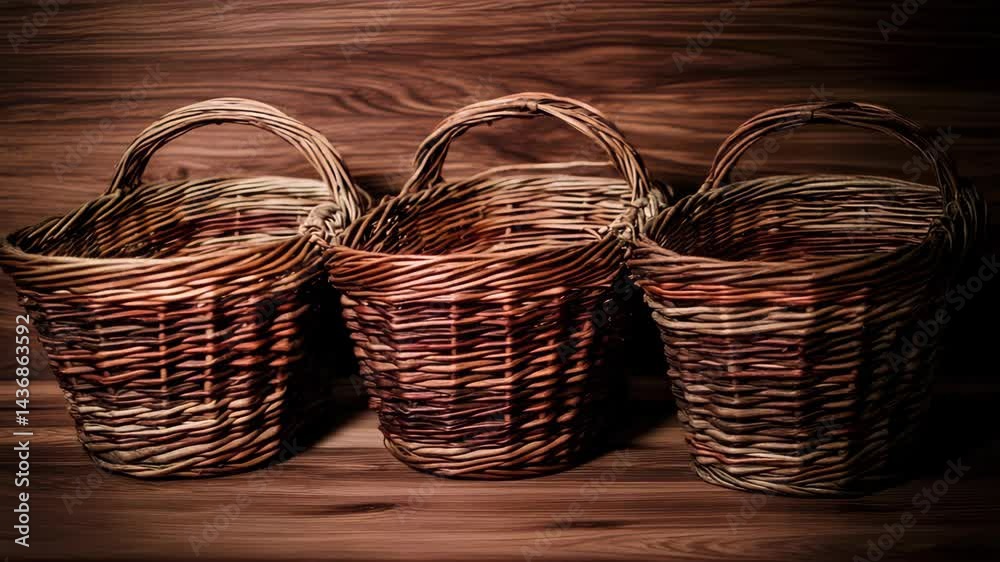 Rustic woven wicker baskets arranged on a textured brown wood surface in a studio setting.