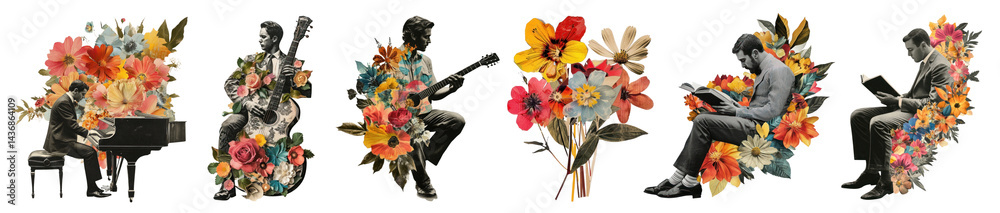 PNG Musicians surrounded by vibrant flowers, elements on transparent background